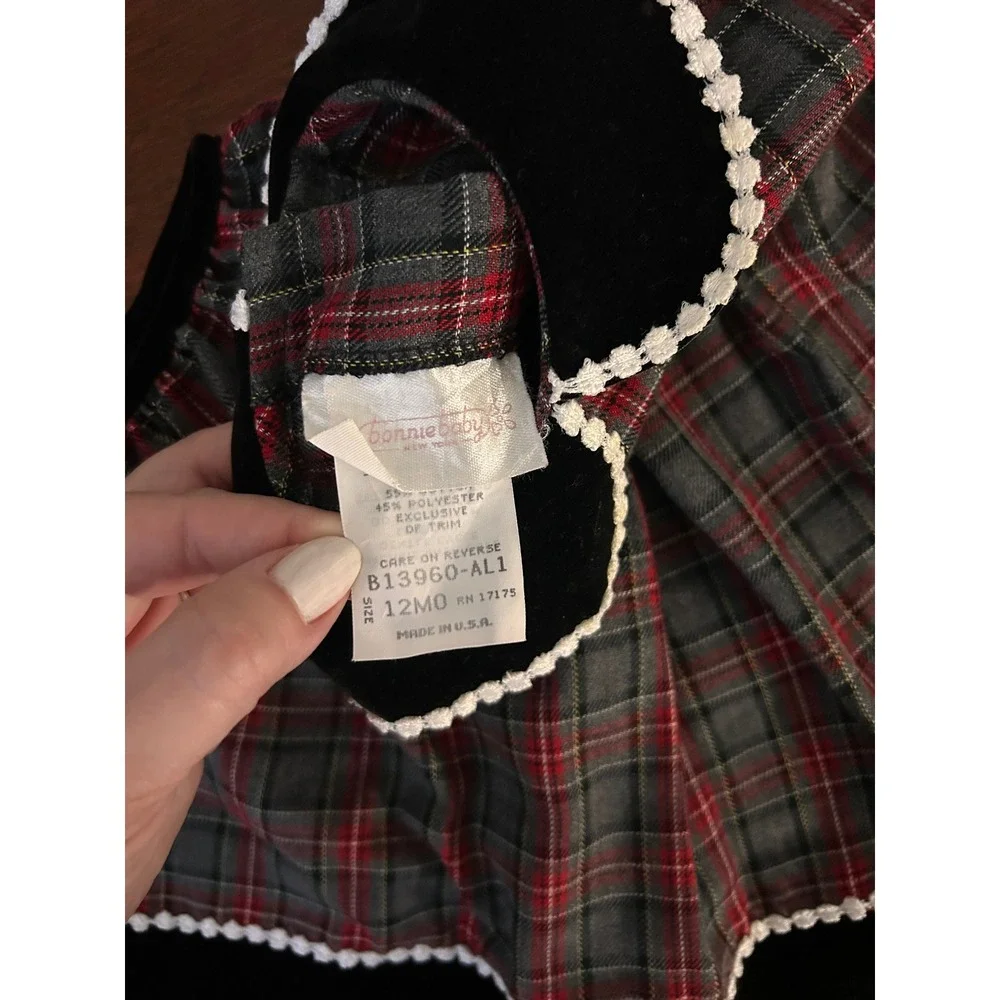 Bonnie Baby New York Vintage Plaid Holiday Dress Velvet Trim Red Gray 12MO
